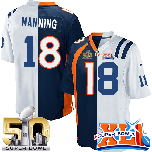 Men's Limited Peyton Manning Super Bowl XLI Nike Jersey White/Navy Blue - #18 Super Bowl L Colts/Broncos Split Fashion NFL Indianapolis Colts